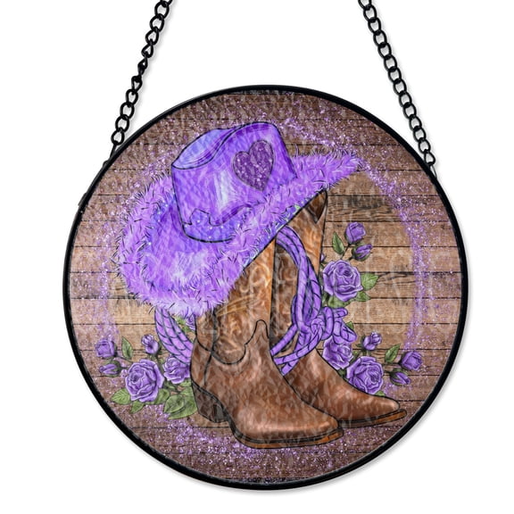 Western Cowboy Wreath Sign for Wreath, Boots and Hat Round Metal Door Decor, Rustic Country Accent Sign, Sugar Pepper Designs SPD-1764