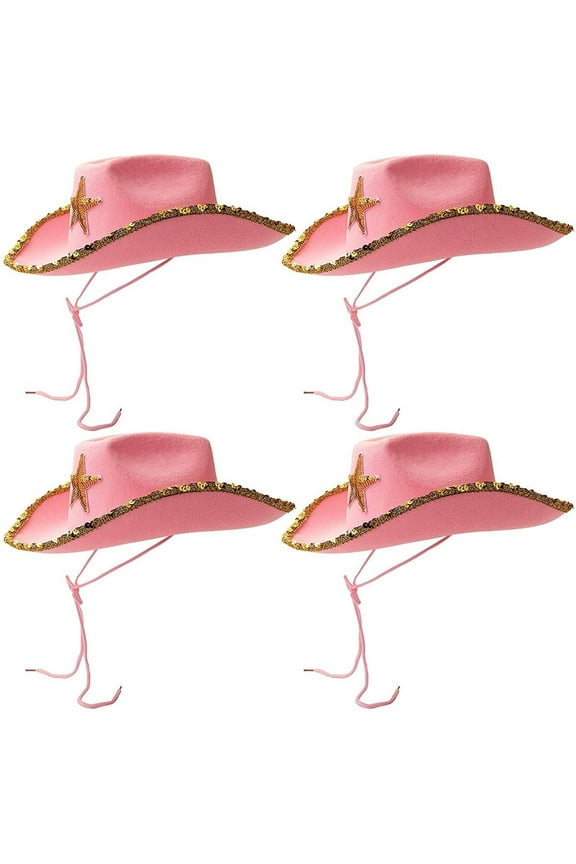 Western Cowboy and Cowgirl Hats for Kids, Pink Sparkly (4 Pack)