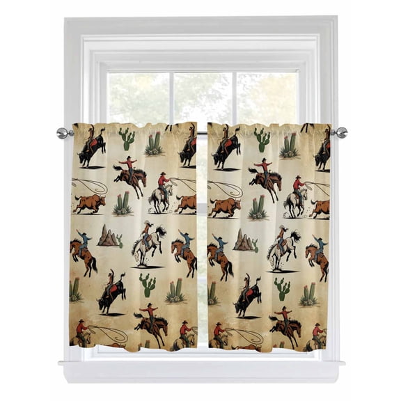 Western Cowboys 2 Panel Kitchen Curtains for Windows, Brown Vintage Country Cactus Bathroom Privacy Curtain, Home Décor Window Treatment for Bedroom/Living Room 55"x45"