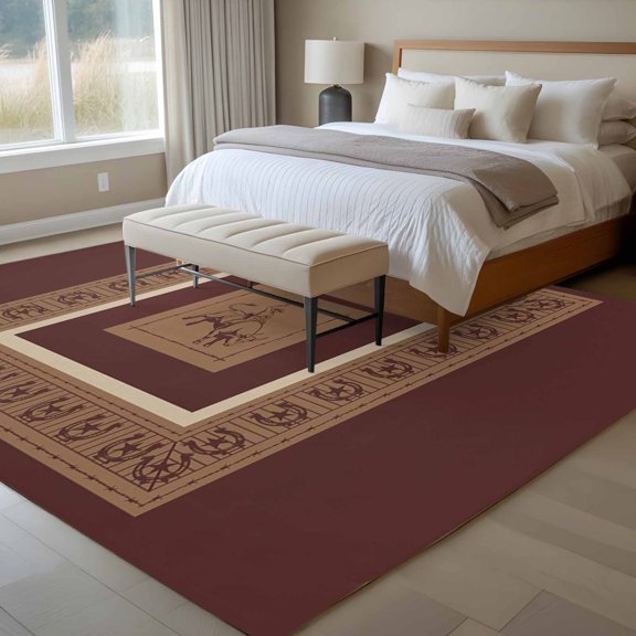 Western Cowboys 6x9 Rug for Dining Room Table and Chair Setup, Vintage Country Brown Horse Shoes Low Pile Washable Non Slip Rectangle Area Rug