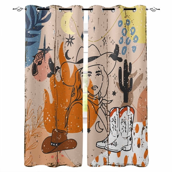 Western Cowboys Blackout Curtains for Bedroom Living Room Darkening Curtains 54 Inch Long Vintage Boho Abstract Cactus Beige Short Curtain for Small Window Treatment Grommet Drapes 52"x54"x2