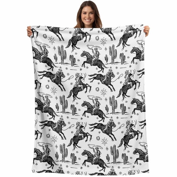 Western Cowboys Blanket Soft Cozy Warm Throw Blanket for Couch, Plush Fuzzy Flannel Fleece Blankets for Sofa, Vintage Desert Cactus Horseshoe White Bed Blankets Lightweight Gifts for Women, 32"x48"