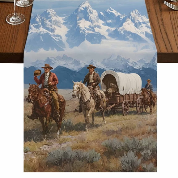 Western Cowboys Burlap Cotton Table Runner 13x36 Inches Short, Mountain Grass Sky Natural Scenery Farmhouse Table Runners, Outdoor Dining Table Decor for Baby Shower/Party/Wedding