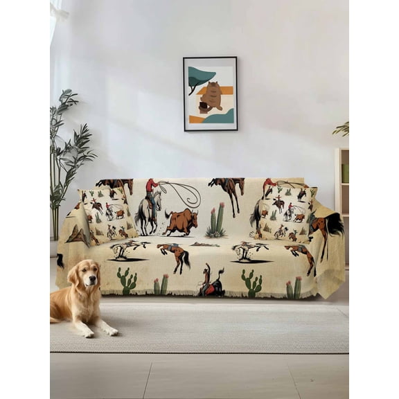 Western Cowboys Couch Cover, Brown Vintage Country Cactus Sofa Cover Blanket for Loveseat Couches, Sectional Sofa Slipcover Furniture Protector for Living Room Bedroom 71''x118''