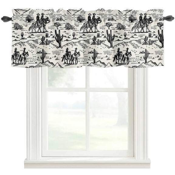 Western Cowboys Curtain Valances for Windows, Kitchen Valance Window Treatment, Vintage Desert Canyon Cactus Horseshoe Light Filtering Block Curtains for Bathroom/Bedroom/Living Room 42'' x 12''