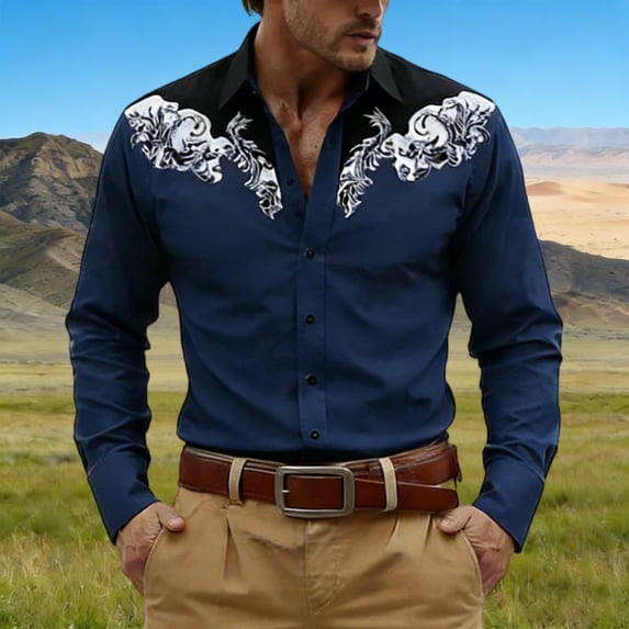 Western Cowboys Dress Shirts for Men Long Sleeve Button Lapel Top Casual Carnival Theme Classic Comfortable Mens Shirt Navy S