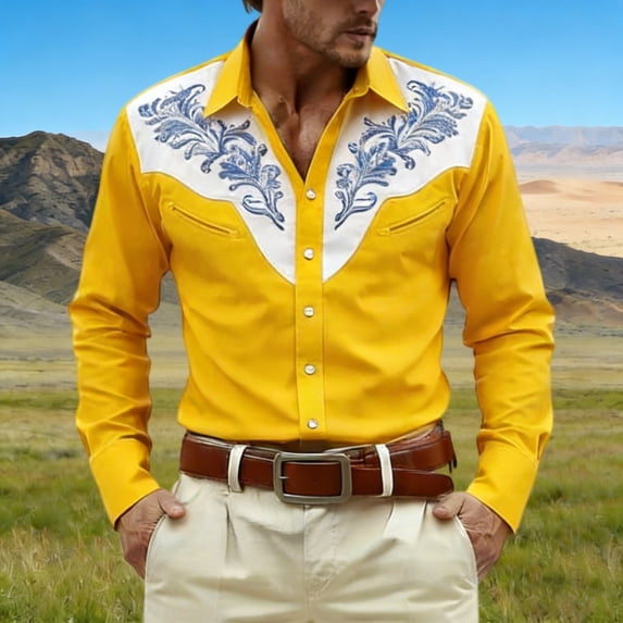 Western Cowboys Dress Shirts for Men Long Sleeve Button Lapel Top Casual Carnival Theme Classic Comfortable Mens Shirt Yellow XXXL