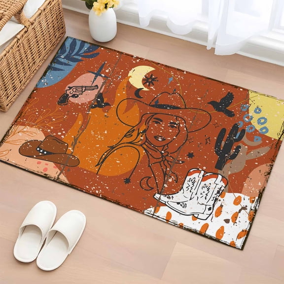Western Cowboys Entryway Rug 2'x3' Non Slip Front Door Mats, Vintage Boho Abstract Cactus Orange Entrance Rugs Indoor Outdoor Carpet, Washable Floor Mats Small Area Rug for Bedroom Kitchen