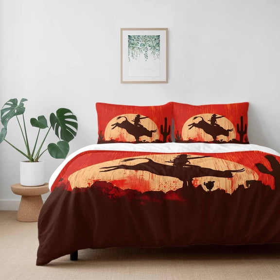 Western Cowboys Horse Riding on Red California King Size Bed Set,Abstract Cactus Desert Bedding for All Seasons,4 Pcs Bed Set with 1 Quiltcover (96"x104"),1 Sheet (110"x98"),2 Pillowcases (20"x36")