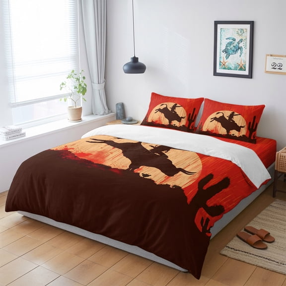 Western Cowboys Horse Riding on Red King Size Bed Set,Abstract Cactus Desert Bedding for All Seasons,4 Pcs Bed Set with 1 Quiltcover (104"x90"),1 Sheet (108"x98"),2 Pillowcases (20"x36")