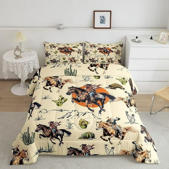 Western CowHorses Bedding Comforter Sets King,Retro Farmhouse Style Tropical Cactus Plants Bedding Set for Bedroom Decor