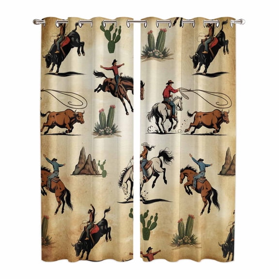 Western Cowboys Kitchen Curtains 96 Inch Length, Brown Vintage Country Cactus Grommet Top Bedroom Living Room Curtains, Light Filtering Cafe Curtain Drapes 2 Panels Set 104''x96''
