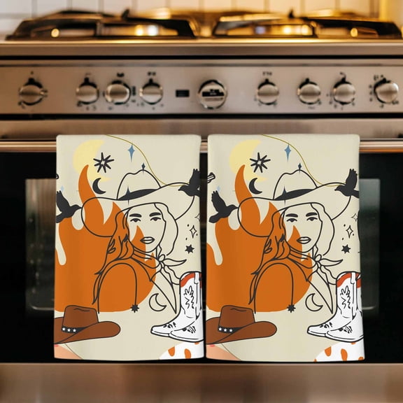 Western Cowboys Kitchen Towels Set of 1, Vintage Boho Abstract Cactus Offwhite Absorbent Dish Towels for Kitchen, Microfiber Hand Towel, Quick Drying Tea Towel for Cleaning Decorative Dishcloths