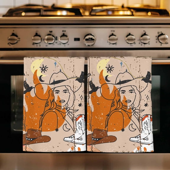 Western Cowboys Kitchen Towels Set of 4, Vintage Boho Abstract Cactus Beige Absorbent Dish Towels for Kitchen, Microfiber Hand Towel, Quick Drying Tea Towel for Cleaning Decorative Dishcloths