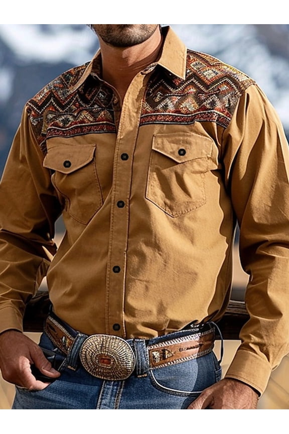 Western Cowboys Mens Long Sleeve Button Down Shirts Casual Mens Button Up Shirts Regular Fit Tops Brown M