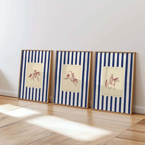 Western Cowboys Navy Red Vintage Rodeo Sketch Wall Retro Horse Rustic Neutral Room Set 3 Stretched Canvas