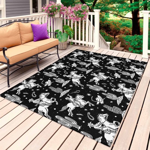 Western Cowboys Outdoor Rug 6x9 Ft, Non Slip Washable Area Rug, Vintage Desert Cactus Horseshoe Black Patio Rugs Carpet Runner, Large Floor Mat for Indoor/Outdoor Deck Porch Camping