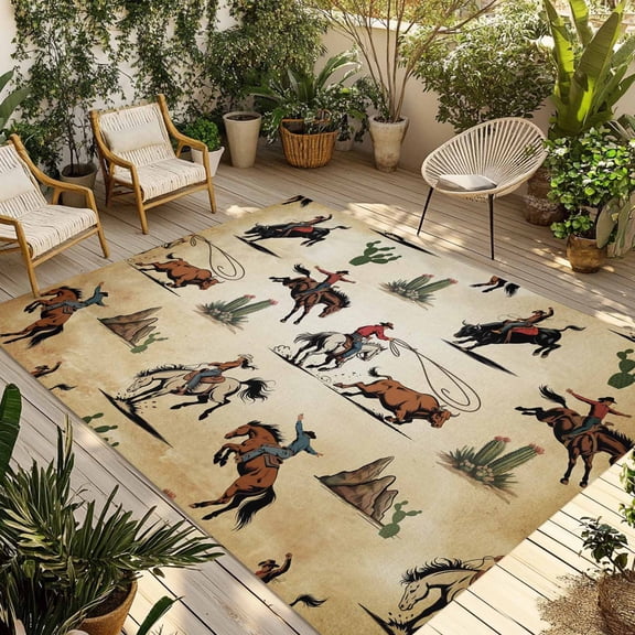 Western Cowboys Outdoor Rug for Patio/Deck/Porch, Non-Slip Large Area Rug 6 x 9 Ft, Brown Vintage Country Cactus Indoor Outdoor Rugs Washable Area Rugs, Reversible Camping Rug Carpet Runner