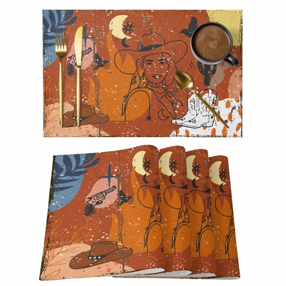 Western Cowboys Placemats Set of 6 Vintage Boho Abstract Cactus Orange Place Mats Indoor Wipeable Table Mats Washable Cloth Dining Table Placemats for Kitchen Holiday Party Home Decor 13x19 Inch