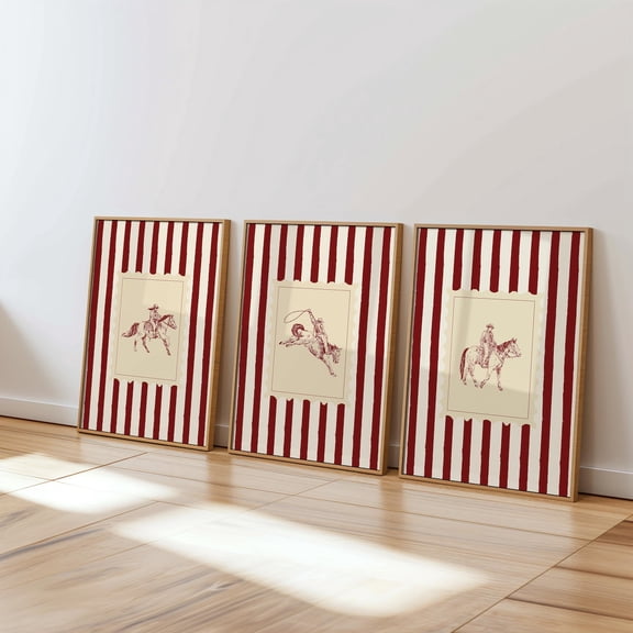 Western Cowboys Red Vintage Rodeo Sketch Wall Art Retro Horse Rustic Neutral Room Set 3 Stretched Canvas