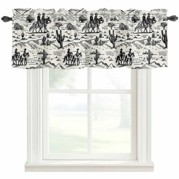 Western Cowboys Rod Pocket Curtain Valance, Vintage Desert Canyon Cactus Horseshoe Farmhouse Window Valance for Living Room, Bedroom, Kitchen 42"W x 12"L