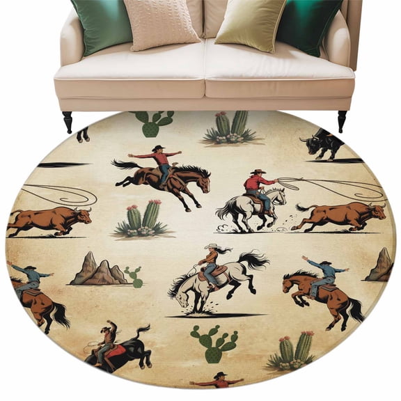 Western Cowboys Round Area Rugs Collection 5', Brown Vintage Country Cactus Non Slip Indoor Circular Throw Runner Rug Floor Mat Carpet for Living Room Dining Table Bedroom Nursery