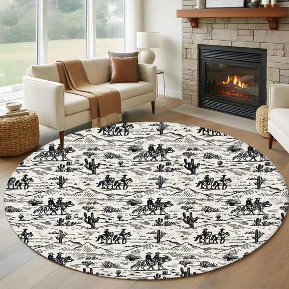 Western Cowboys Round Rug 8ft Washable Circle Rugs Non Slip Vintage Desert Canyon Cactus Horseshoe Large Area Rug Indoor Floor Carpet for Bedroom Kitchen Living Room Home Office Dining Room Nursery