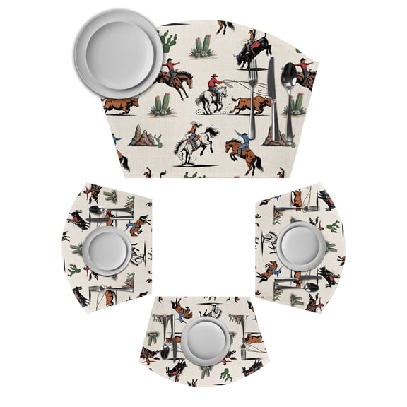 Western Cowboys Round Table Placemats Set of 2 Wedge Placemats, Beige Vintage Country Cactus Place Mats for Dining Table Set Washable Mats Kitchen Decor for Indoor Outdoor Wipe Clean