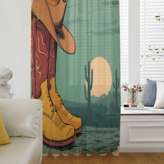 Western Cowboys Semi Sheer Curtains Drapes for Living Room,Bedroom,French Doors Window 54 Inches Long,Country Cartoon Shoes Hats Cactus Moon Rod Pocket Chiffon Curtain Drapery Voile Draperies Panel
