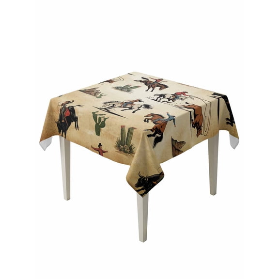Western Cowboys Table Cloth, Waterproof Tablecloth for Square Tables, Brown Vintage Country Cactus Reusable Washable Fabric Table Cover for Restaurant Kitchen Dining Tables 54"x54"