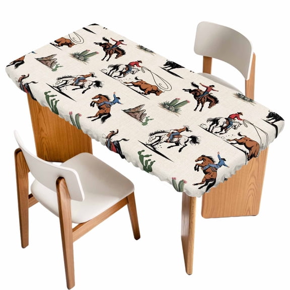 Western Cowboys Table Cloths for 4 Foot Rectangle Tables, Beige Vintage Country Cactus Patio Waterproof Elastic Fitted Tablecloths, Washable Rectangular Table Cover for Camping