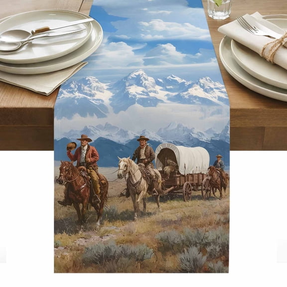 Western Cowboys Table Runner Mountain Grass Sky Natural Scenery Tablerunners 13 x 36 Inch, Table Decorations Tabletop Scarf for Summer Gathering Holiday Farmhouse Kitchen Dining Decor