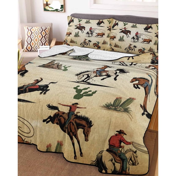 Western Cowboys Twin Size Down Alternative Comforter, Lightweight Comforter Quilt Bedding Set with Pillow Shams Brown Vintage Country Cactus All Seasons Bed Comforter Duvet Insert 68"x86"