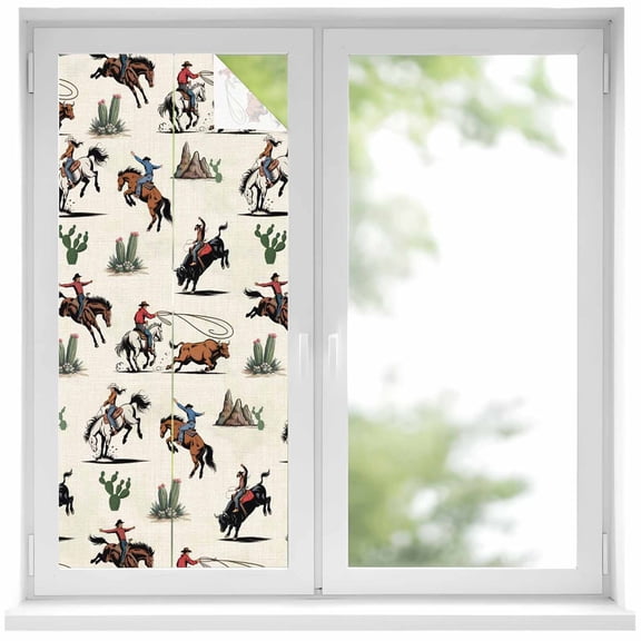 Western Cowboys Window Privacy Film, Beige Vintage Country Cactus Static Cling UV Sun Blocking Heat Control Window Tint Day and Night, Non-Adhesive One Way Windows Privacy Cover 17.7''x39.3''