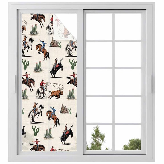 Western Cowboys Window Privacy Film, Beige Vintage Country Cactus Static Cling UV Sun Blocking Heat Control Window Tint Day and Night, Non-Adhesive Reusable One Way Windows Privacy Cover 23.6''x59''