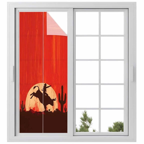 Western Cowboys Window Privacy Film, Black Bullfighting Silhouette Tropical Cactus Sunset Frosted Glass Window Clings Static Cling UV Heat Blocking Reusable Door Sticker for Bathroom 23.6 x 59 Inch