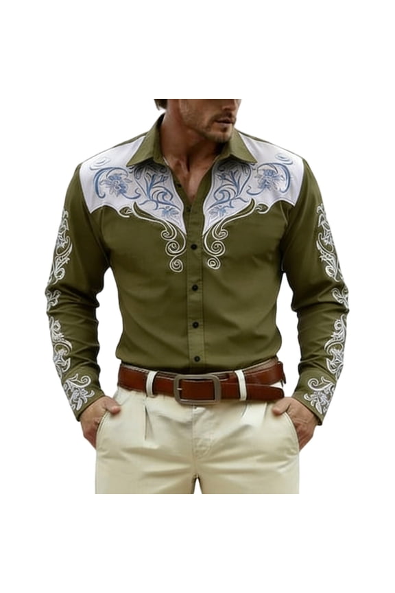 Western Cowboys Shirts for Men Long Sleeve Button Lapel Top Casual Carnival Theme Classic Comfortable Mens Shirt Army Green L