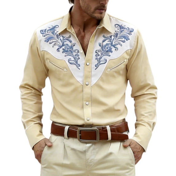 Western Cowboys Shirts for Men Long Sleeve Button Lapel Top Casual Carnival Theme Classic Comfortable Mens Shirt Beige L