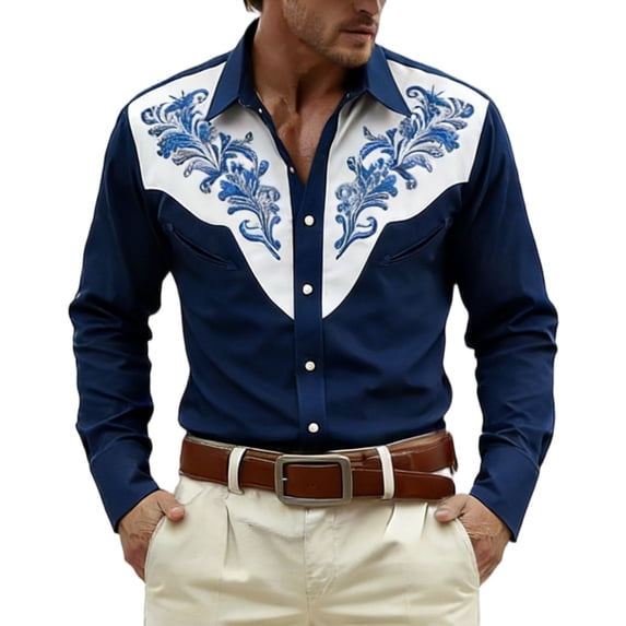 Western Cowboys Shirts for Men Long Sleeve Button Lapel Top Casual Carnival Theme Classic Comfortable Mens Shirt Navy S