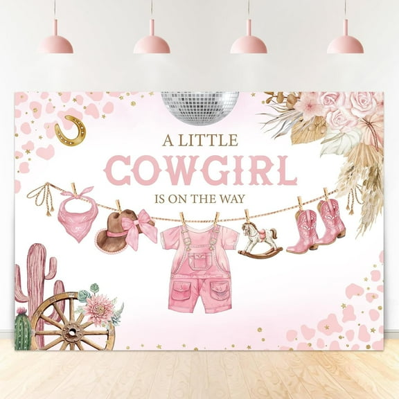 Western Cowgirl Baby Shower Backdrop Fabric Polyester A Little Girl is on The Way Pink Disco Boho Flower Pampas Cute Hat Boots Photography Background Banner Photo Shoot Decor Props