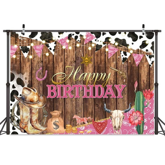 Western Cowgirl Backdrop Girl Wild West Pink Birthday Decor Rustic Wood Country Farm Cow Print Party Banner Cactus Hat Boots Photography Background Photo Shoot Props Vinyl 6X4FT