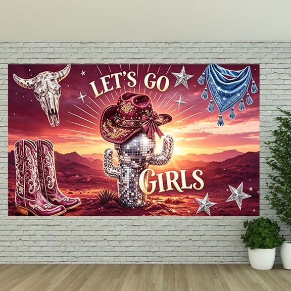 Western Cowgirl Backdrop Sunset Desert Silver Disco Cactus Boots Banner Cowgirl Let's Go Girls Party Decorations Background