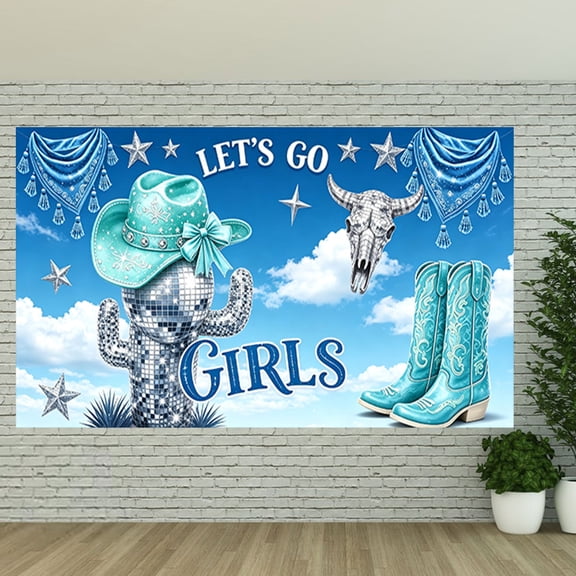 Western Cowgirl Backdrop Turquoise Disco Cactus Cowgirl Boots Banner Let's Go Girls Party Decorations Background