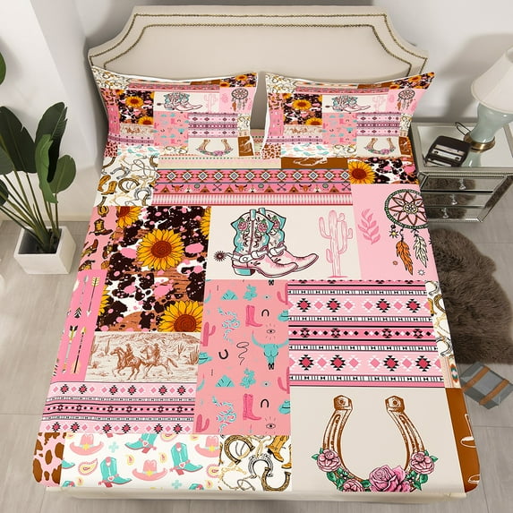 Western Cowgirl Bedding Set Southwestern Hat Printed Fitted Sheet Twin,Cute American Wild Bed Sheets Cow Sunflower Decor Sheets Boho Striped Aztec Patchwork Fitted Bed Sheets 2Pcs