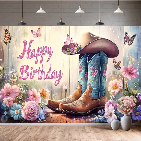 Western Cowgirl Birthday Backdrop,Pink Happy Birthday Party Banner,Butterfly Flowers Photography Background Photo Booth,7X5FT
