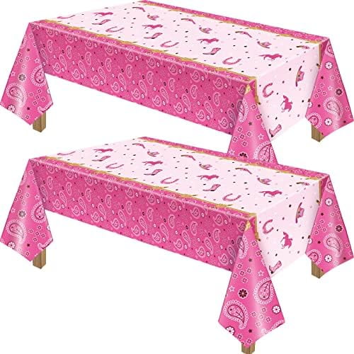 Western Cowgirl Birthday Party Table Cover Bandana Tablecloth, Pink Horse Cowgirl Theme Table Cover for Wild West Rodeo Birthday Baby Shower Decorations(2 Pack)