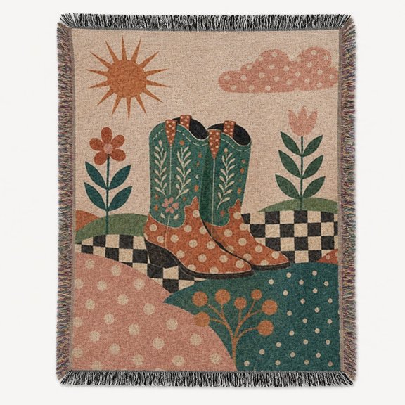 Western Cowgirl Boots Woven Blanket, 100% Cotton Fringed Throw