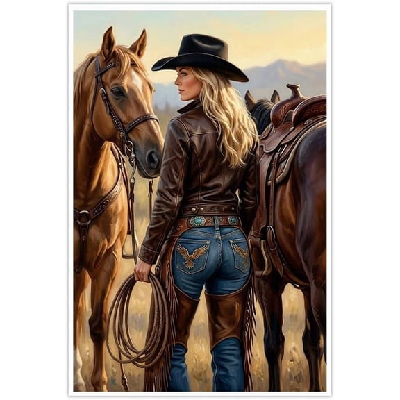 Western Cowgirl Canvas Wall Art Posters Rustic Country Horse Pictures Blonde Woman in Cowboy Hat Artwork for Living Room Bedroom Home Decor Farmhouse Wall