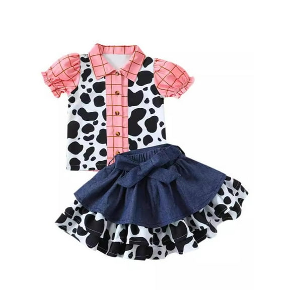 Western Cowgirl Costume Baby Girl Denim Outfit Cow Print Tops Plaid Print Shirt with Jeans Skirt Set