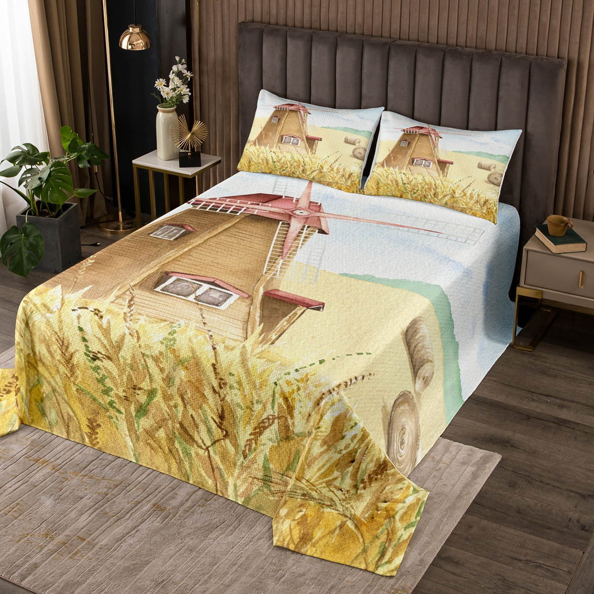 Western Bedspread Kids Farmhouse Cow Bedding Set, Rustic Windmill